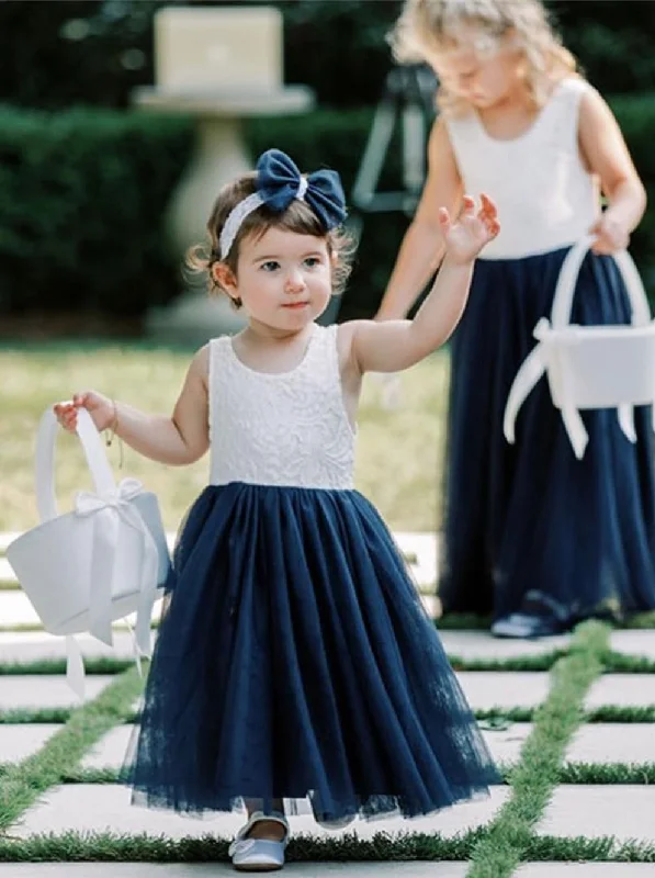 Peony Lace Flower Girl Dress in Navy