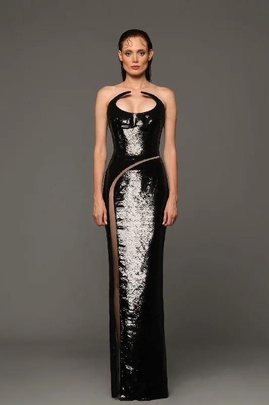 Pointed neckline structured sequined dress