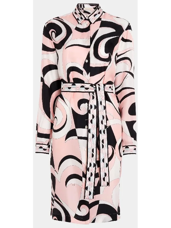 Printed Shirt Dress with Sash in Pink, Black and White