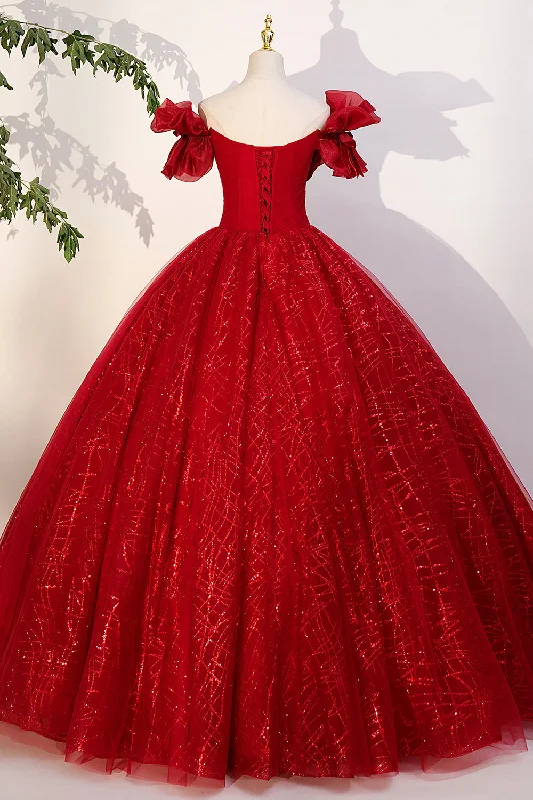 Red Tulle Sequins Long Formal Dress, Off the Shoulder Evening Dress