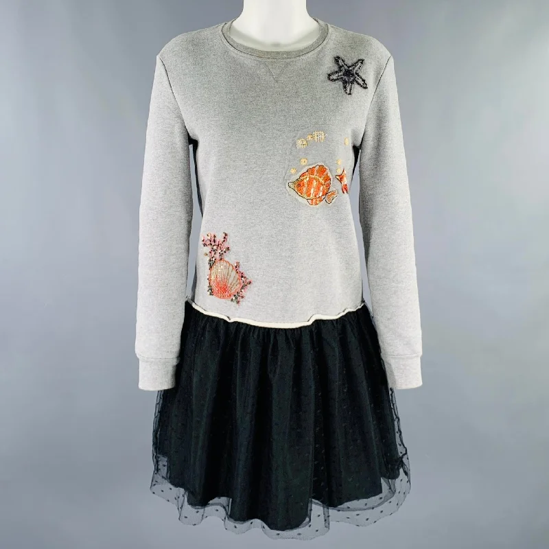 RED VALENTINO Size XS Grey Black Cotton Embroidered Sweatshirt Dress