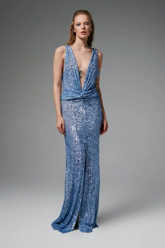 Ruth Blue Deep V-Neck Sequin Dress