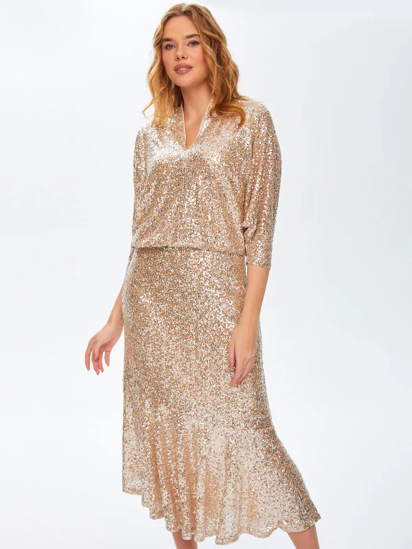 Sequin Work Long Beige Evening Dress 69114