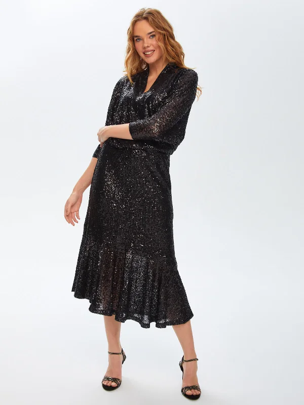 Sequin Work Long Black Evening Dress 69114