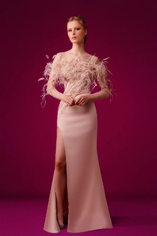 Sequined and feathered side slit long sleeves dress