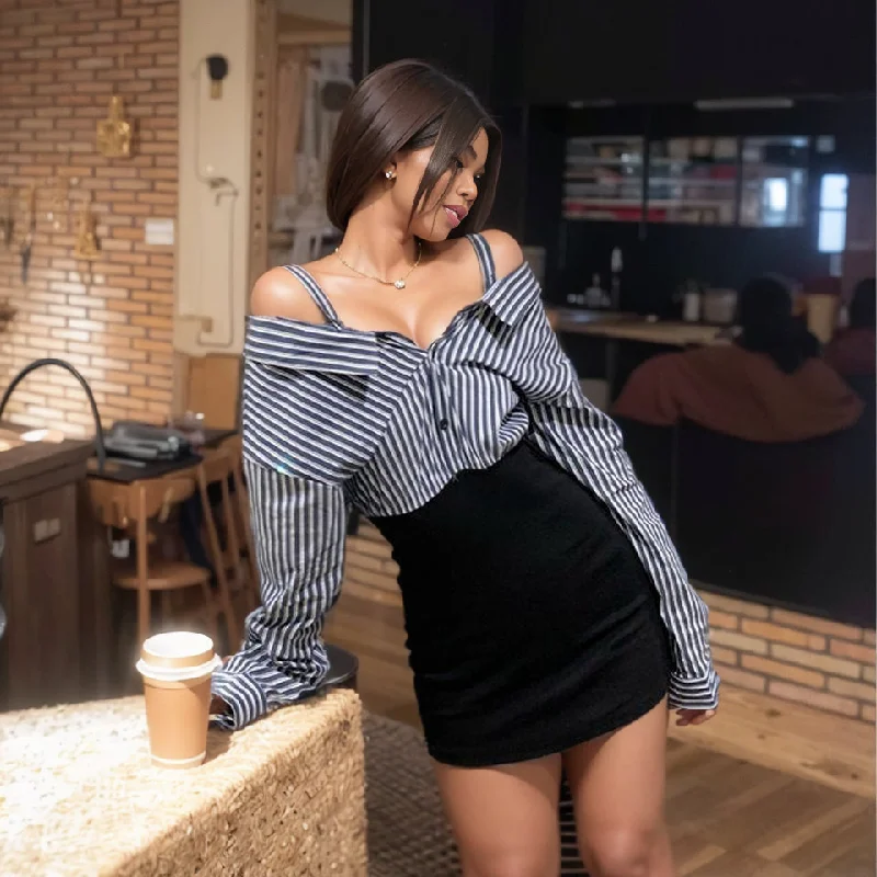 Trend Sheath  Off-The-Shoulder Striped Shirt