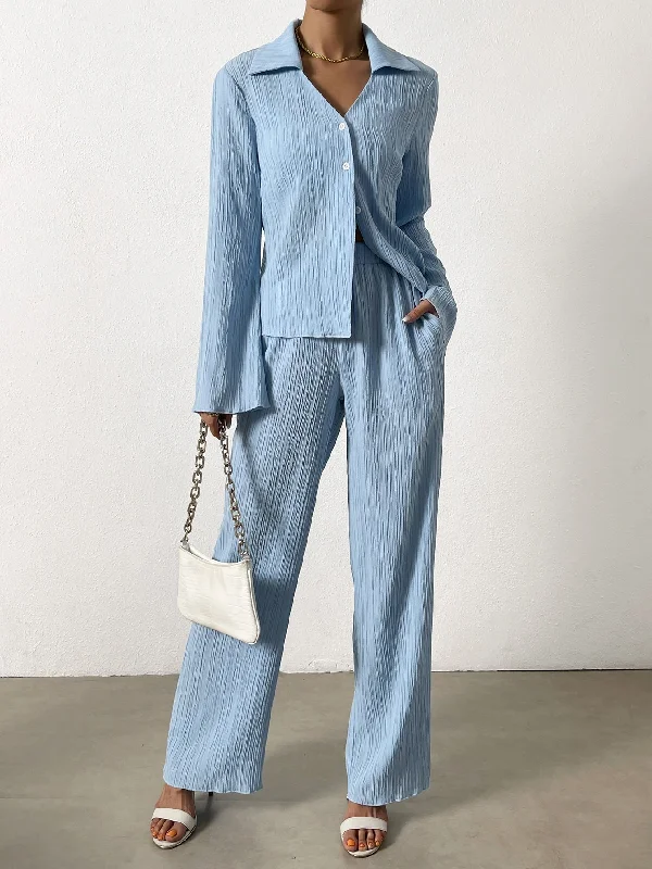 SHEIN Essnce Bell Sleeve Plisse Shirt & Wide Leg Pants