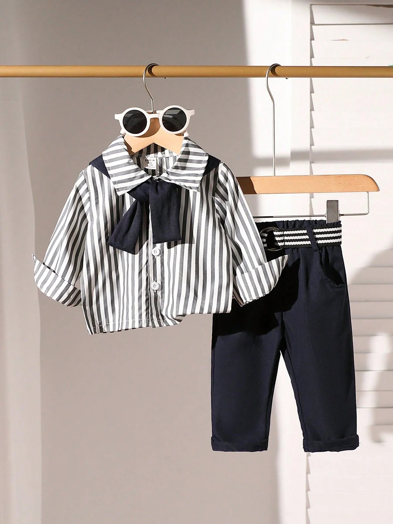 SHEIN Baby Boy 2pcs Set: Striped Stylish Shirt And Black Suit Pants