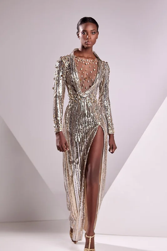 Strass and sequins beaded long sleeves dress