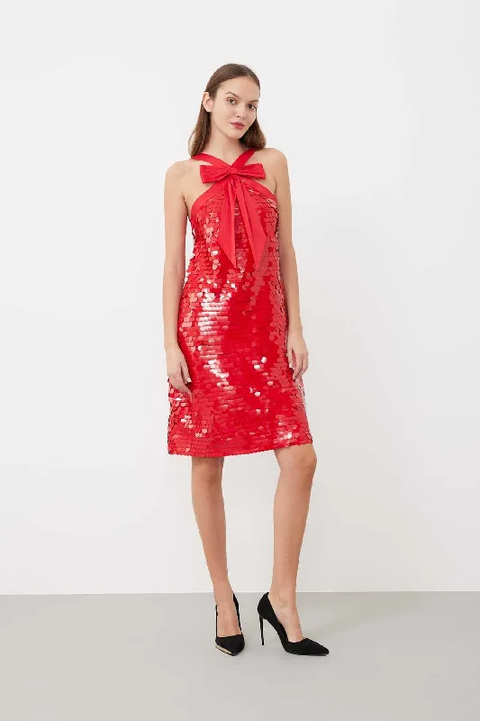 Taffeta Bow Detail Knee Length Sequin Dress Red