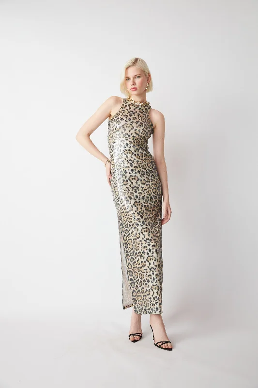 Tanja Leopard Printed Sequin Long Dress