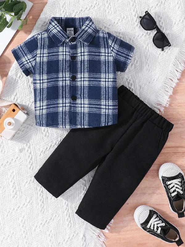 SHEIN Baby Boy Plaid Print Shirt & Pants Set