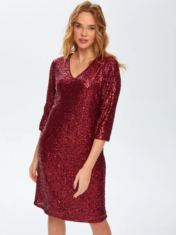 V-Neck 3/4 Sleeve Sequined Burgundy Evening Dress 69117