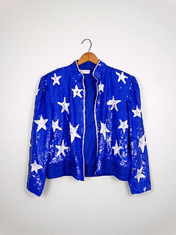 Vintage Fully Sequined Bomber Jacket // 80's Red White & Blue USA Jacket // Retro Flag and Stars Beaded Jacket