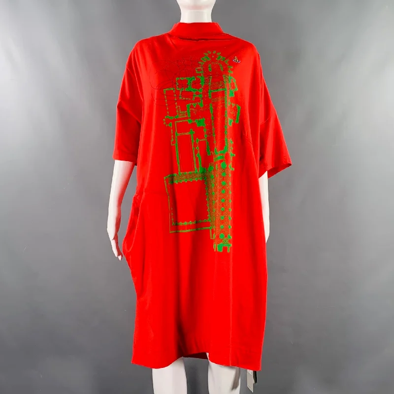 VIVIENNE WESTWOOD Size M Red Cotton Graphic Side Buttons Cathedral T-Shirt Dress