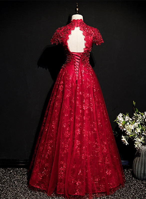 Wine Red Lace A-line Open Back Long Prom Dress, A-line Wine Red Formal Dress